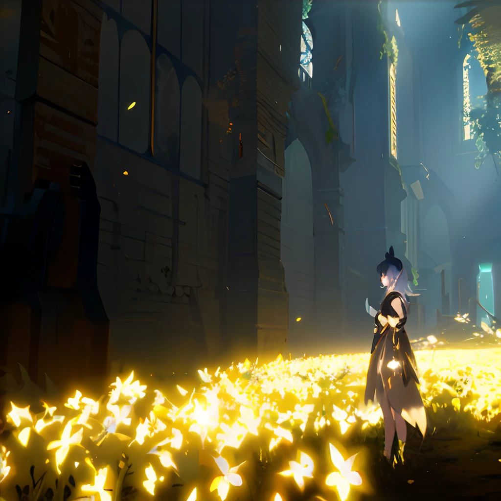 anime - style image of a woman standing in a field of yellow flowers, volumetric lighting caustics, volumetric lighting”, looming over a horde of gold, volumetric lighting and fog, volumetric fog and lighting, random volumetric lighting, epic volumetric lighting, unreal engine lumen, unreal engine screenshot, particle lighting, beautiful and cinematic lighting