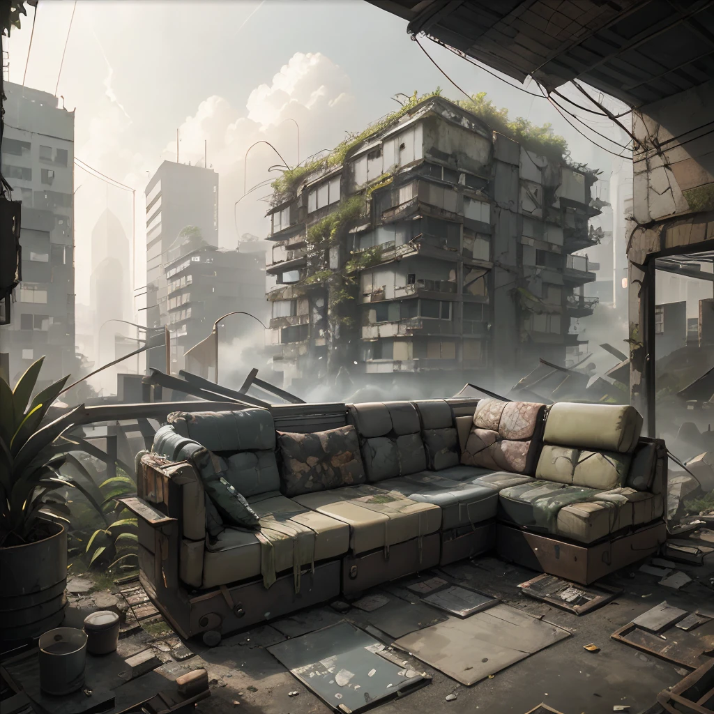 Decrepit cyberpunk furniture set in the midst of an overgrown, post-apocalyptic urban jungle, nature reclaims, overgrowth, resilience, fusion, decayed beauty, reclaimed furniture, prime lens, morning mist, 35mm focal distance, post-apocalyptic fusion