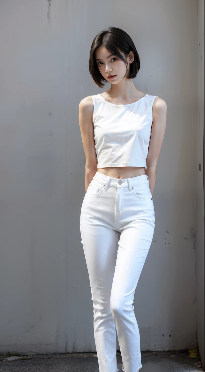 Girl posing for photo in white bra and tight denim, arms behind back, full body, with cropped t-shirt, bra, slim figure, smaller bust, slim girl model, 24 year old female model,