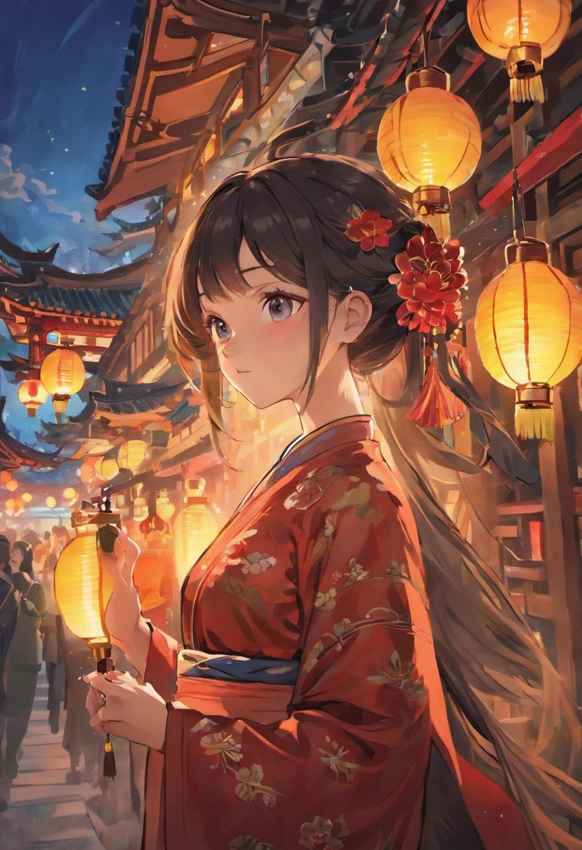 "A dark-haired girl holds a high-quality artwork of a sugar-coated hawthorn string in a traditional Chinese setting. She wears a dragon-patterned cheongsam:1.4 with intricate details and vivid blue color. Surrounding her is the backdrop of the night temple fair:1.8, Full of festive spirit. The scene is illuminated by soft and natural lighting, Elevate the overall atmosphere. The work should demonstrate ultra-fine drawing techniques:1.8, Emphasis on realism and realism:1.37 details, Capture the essence of a masterpiece:1.2. The image should be of the highest quality,The resolution is 8K, Displays clear and sharp focus:1.8. The colors should be bright and vivid, The protrusion of the red lantern:1.8 Add to the overall color scheme. The artistic style should reflect the fusion of traditional Chinese elements:1.4 with contemporary aesthetics, Create a visually captivating and evocative presence. The girl's eyes, Lips, And facial features should be beautiful details, Make sure to accurately portray her expression and appearance."
Please reply to me with the full prompt you generated。