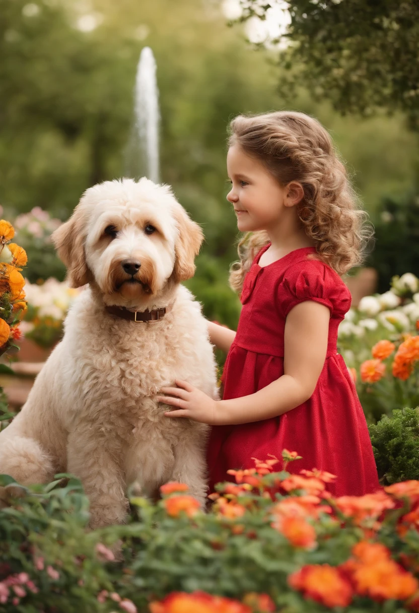 Sweet little girl, and Labradoodles in the garden, There are flowers, There are fountains.