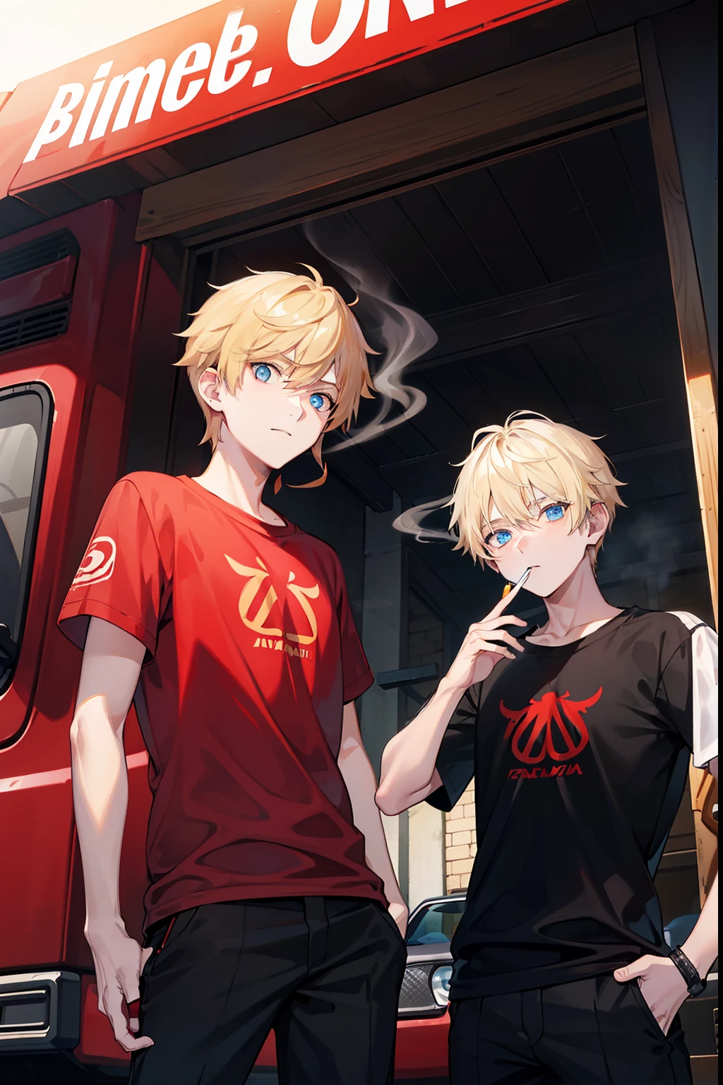 a blond　blue eyess　twinks　male people　{{ember}}　smoking tobacco　Black blouson　Red T-shirt　JINS　Stand in front of the jeep