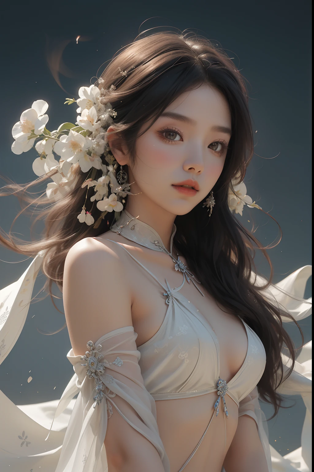 nsfw, zhongfenghua, 1girl, solo, hanfu, ancient_chinese_architecture, flower field, blossom, (white smoke:1.3) (photorealistic:1.4), zentangle, mandala, entangle, official art, unity 8k wallpaper, ultra detailed, beautiful and aesthetic, masterpiece,best quality, (dynamic angle:1.4), glowing skin, (floating colorful sparkles:1) the most beautiful form of chaos, elegant, a brutalist designed, vivid colours, romanticism depth of field exotic_dance, half_naked