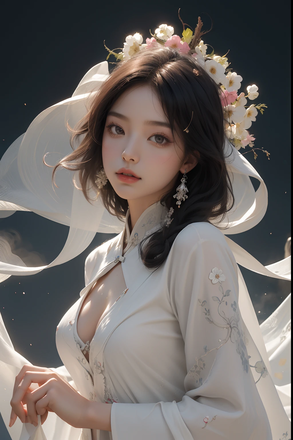 nsfw, zhongfenghua, 1girl, solo, hanfu, ancient_chinese_architecture, flower field, blossom, (white smoke:1.3) (photorealistic:1.4), zentangle, mandala, entangle, official art, unity 8k wallpaper, ultra detailed, beautiful and aesthetic, masterpiece,best quality, (dynamic angle:1.4), glowing skin, (floating colorful sparkles:1) the most beautiful form of chaos, elegant, a brutalist designed, vivid colours, romanticism depth of field exotic_dance, half_?????