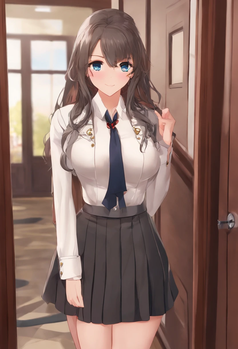 Arya, 1girl, solo, long hair, blue eyes, ahoge, bow, looking at viewer, red bow, jacket, bowtie, long sleeves, breasts, shirt, open jacket, red bowtie, door, cowboy shot, collared shirt, indoors, school uniform, white hair, standing, open clothes, skirt, bangs, dress, grey jacket, black dress, blush, pleated skirt, parted lips, medium breasts, pleated dress, white shirt, hair between eyes, white jacket, hand up, blazer, black skirt, thighs, open door, hallway