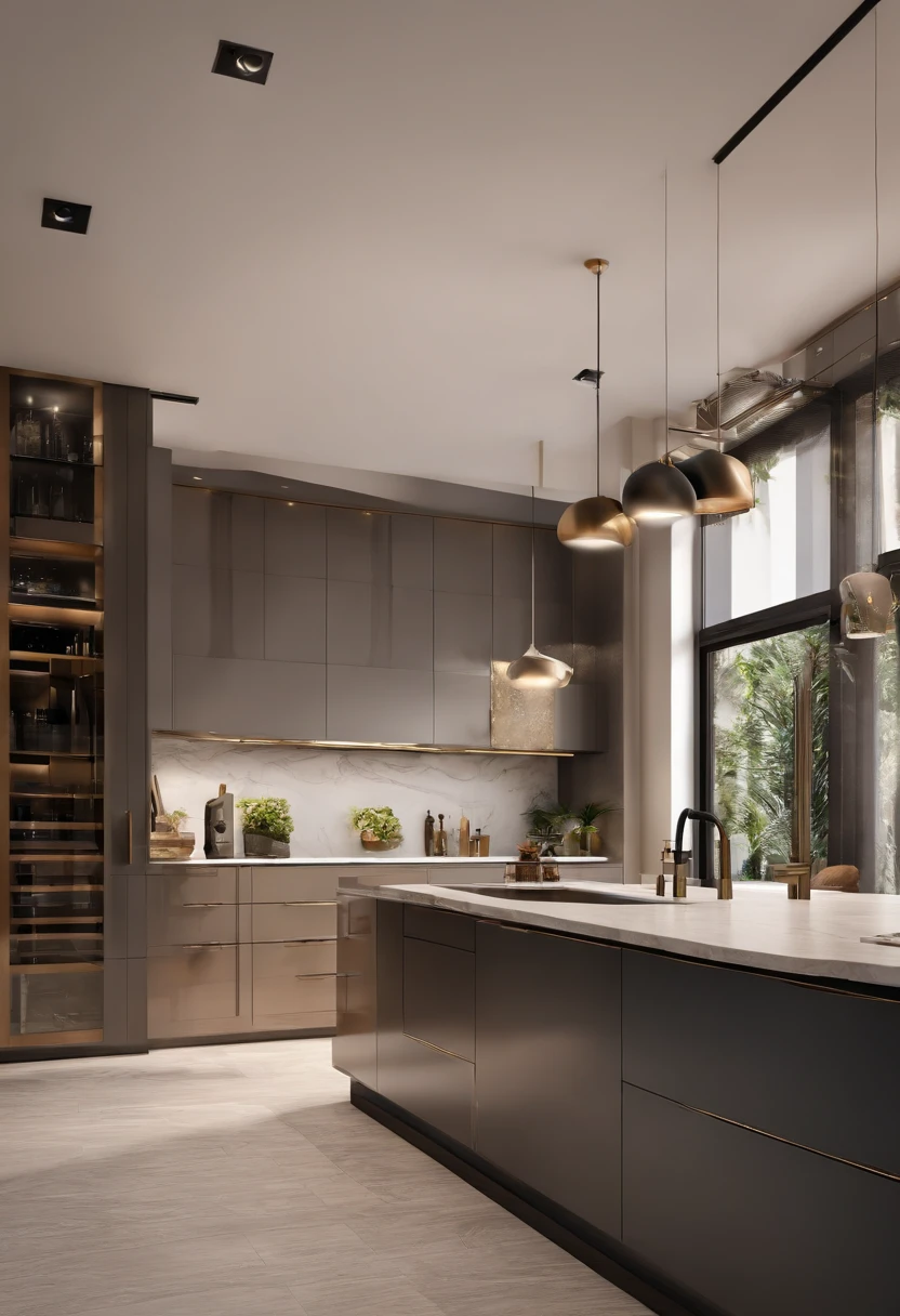 modern kitchen，Gorgeous renovation，refrigerator，cupboard，Wide scene，in a panoramic view，From the outside, hyper HD, High details