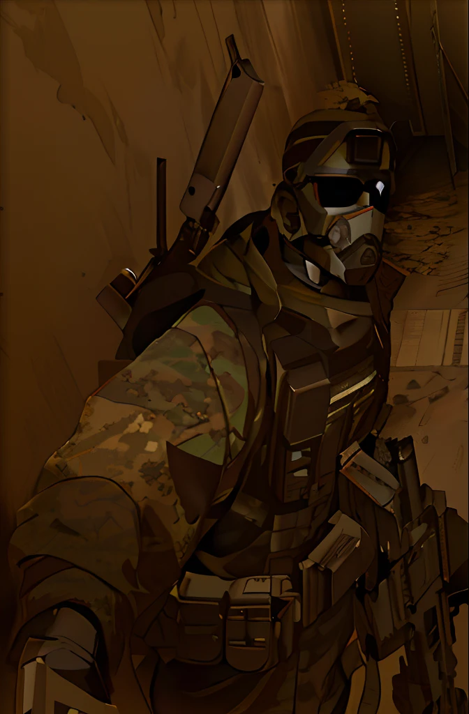 arafed soldier with a mask and goggles on in a hallway, spec ops mask, spec - ops head, spec - ops head with mask, odst, sfm render, screen shot of cod, screenshot from an fps, dark visor covering eyes, resting after a hard mission, camouflaged gear, in game capture 3d render, in-game footage