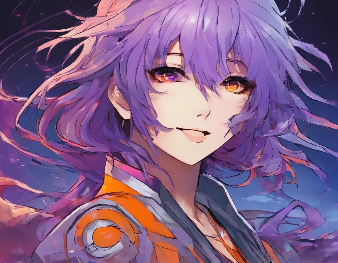 raiden shougn, Purple hair, Closed eyes, A girl was laughing, Open mouth, With an orange background, Portrait