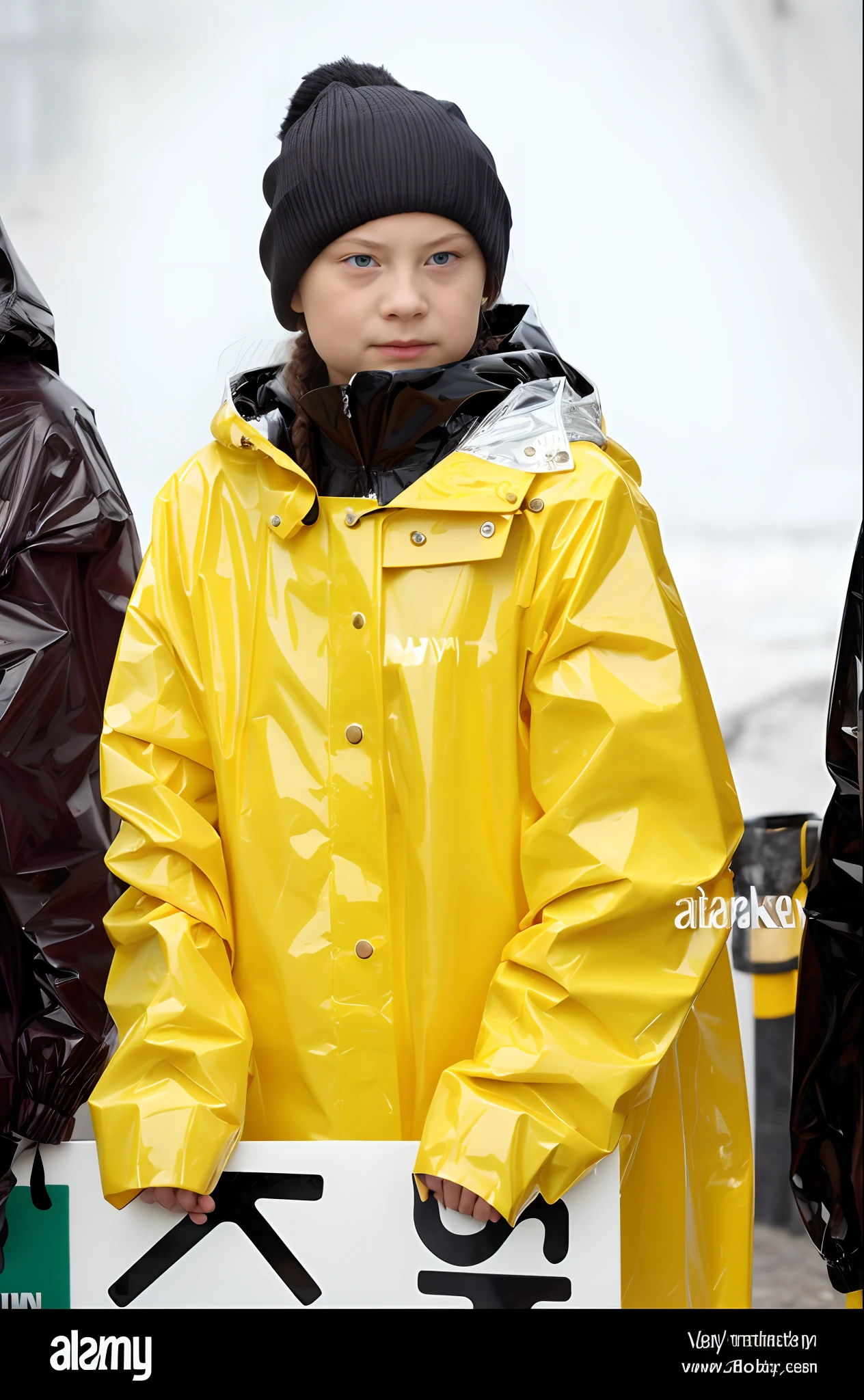 Greta Thunberg, very serious look and very worried expression, dark mascara, shiny raincoat, smokey eyes, Greta Thunberg in the street, lipstick, eyeshadow, made-up eyes, Greta Thunberg in the rain, mascara, extreme make-up, face made-up, eye-catching eyeshadow, extreme make-up, shiny raincoat, yellow plastic coat, shiny yellow rubber, yellow rubber coat, rubber raincoat, high-gloss raincoat, shiny raincoat made from foil