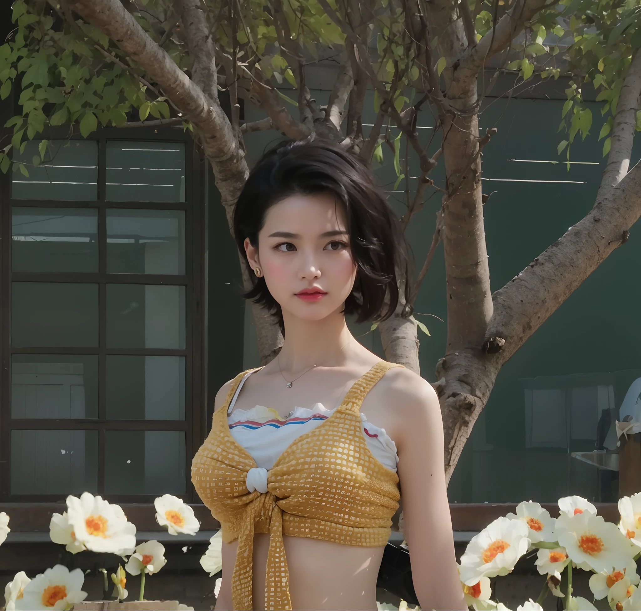 (Best quality, 8k, 32k, Masterpiece, UHD:1.2),Photo of Pretty Japanese woman, large breasts, very short bob hair,upper body,face focus,oversized_sweater, necklace, simple background, from above, looking at viewer,