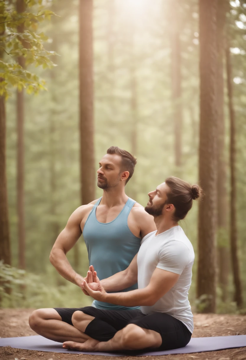 a yoga male teacher in forest with his student