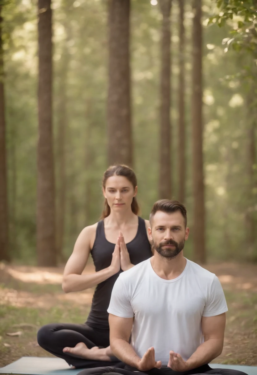 a yoga male teacher in forest with his student