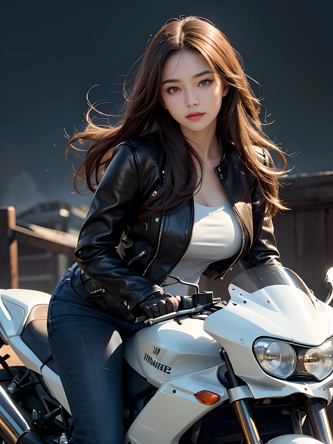 best qualtiy，tmasterpiece，超高分辨率，（真实感：1.4），RAW photogr，1girll，cropped shoulders，long whitr hair，Bust，huge tit，Face Highlighting，Pure，Raised sexy，A MILF，mature，Flushing，18yr old，18-year-old smiling female classmate，Pure，（best qualtiy，8K，tmasterpiece:1.3），Goose egg face，largeeyes，long eyelasher，Exquisite（live-action realistic style），Star-like eyes，Ultimate face，Photorealistic light and shadow，Clear facial features，Milky white skin，Fair skin， highdetailskin， Realistic skin details， Visible Pore，（Super detail），（perfect bodies：1.1），long whitr hair，（dynamicposes），((Dynamic background((volumettic light：1.3))，Black leather jacket，the motorcycle，Riding a motorcycle