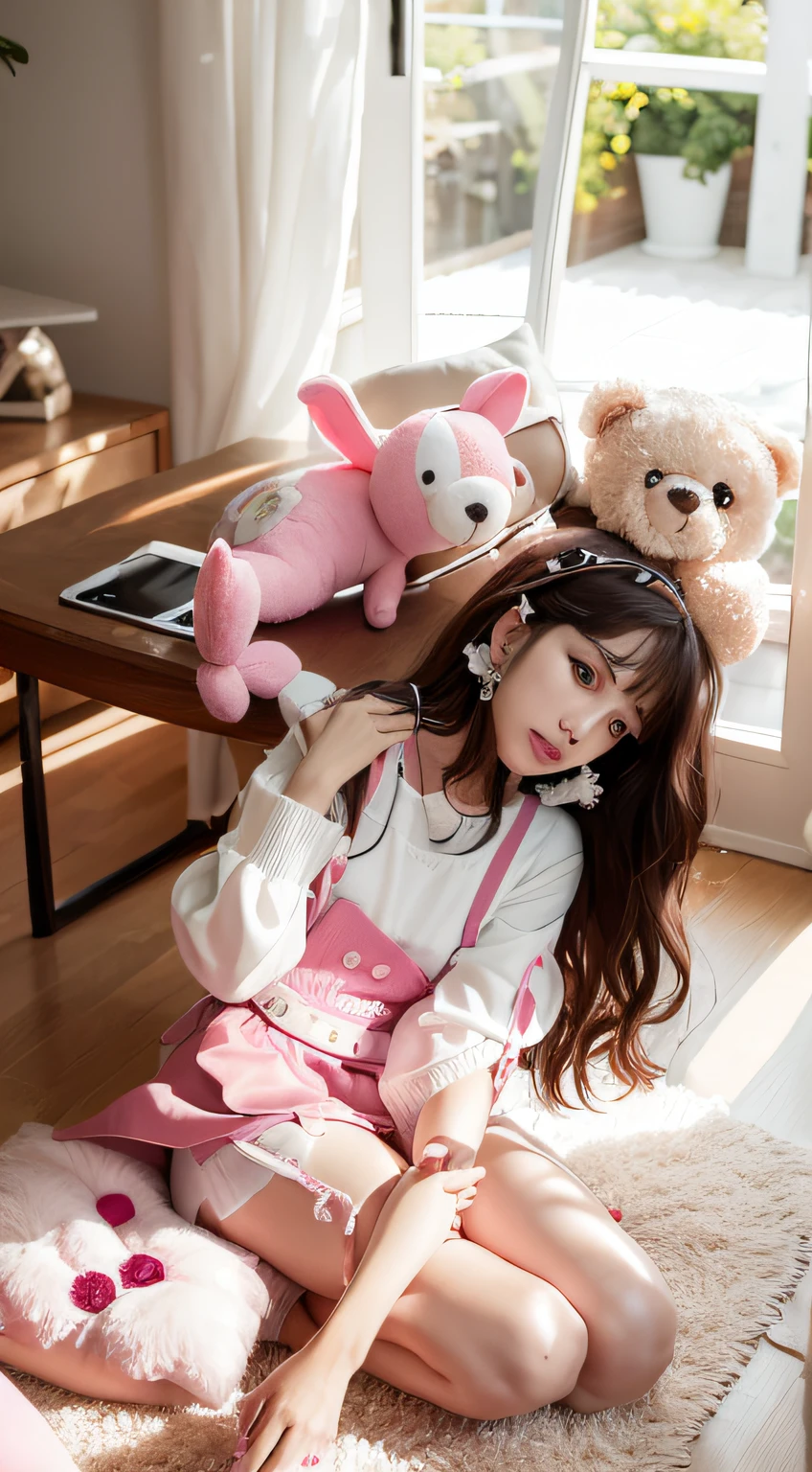 The Aravi woman sat on the floor,Holding a pink teddy bear in his hand, belle delphine, dilraba dilmurat, shaxi, plushies, plushies, plushie photography, bae suzy, blackpink jennie, Holding a teddy bear, stuffed doll, cute toy, ulzzangs, Porquimane, the woman holds more toys, tzuyu from twice