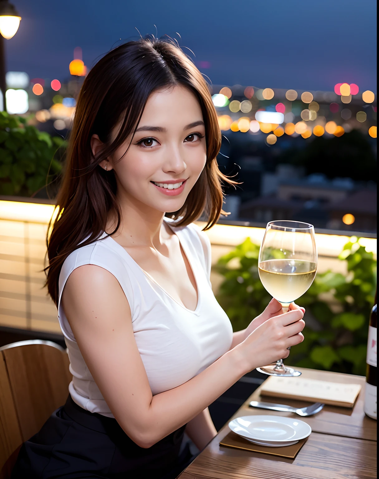 (64K, UHD, top quality, masterpiece: 1.2), (realistic, photorealistic: 1.37), super detailed, pretty woman 1 person, (slim face), (slim body), (brown hair), (short cut), cheeks slightly blushing, (44 years old), 38 years old, solo, beautiful detailed urban night view outside the window, restaurant, wine glasses sit, at night, in a prominent placeNovaFrogStyle, Actress, Model, Waist Up, White Wine, Slim, Wine Glass, Super Clean Night View, Wine Glass Put in the Middle, Happy Smile, (Smile: 1.15), Beautiful Fine Eyes, Upper Body, Bust Japan Up, Night, Short, Short, Actress, Model, Waist Up, White Wine, Slim, Wine Glass, Super Clean Night View, Wine Glass Put in the Middle, Happy Smile,