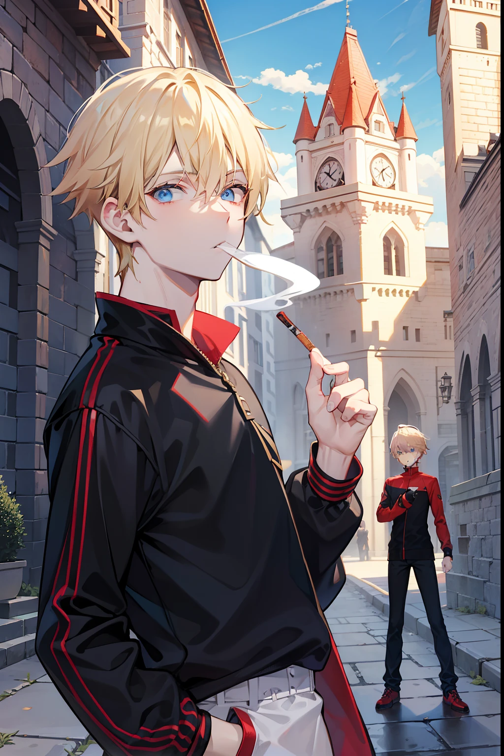 a blond　blue eyess　twinks　male people　{{ember}}　smoking tobacco　Black jacke　Red T-shirt　JINS 　Stand in the courtyard of the castle