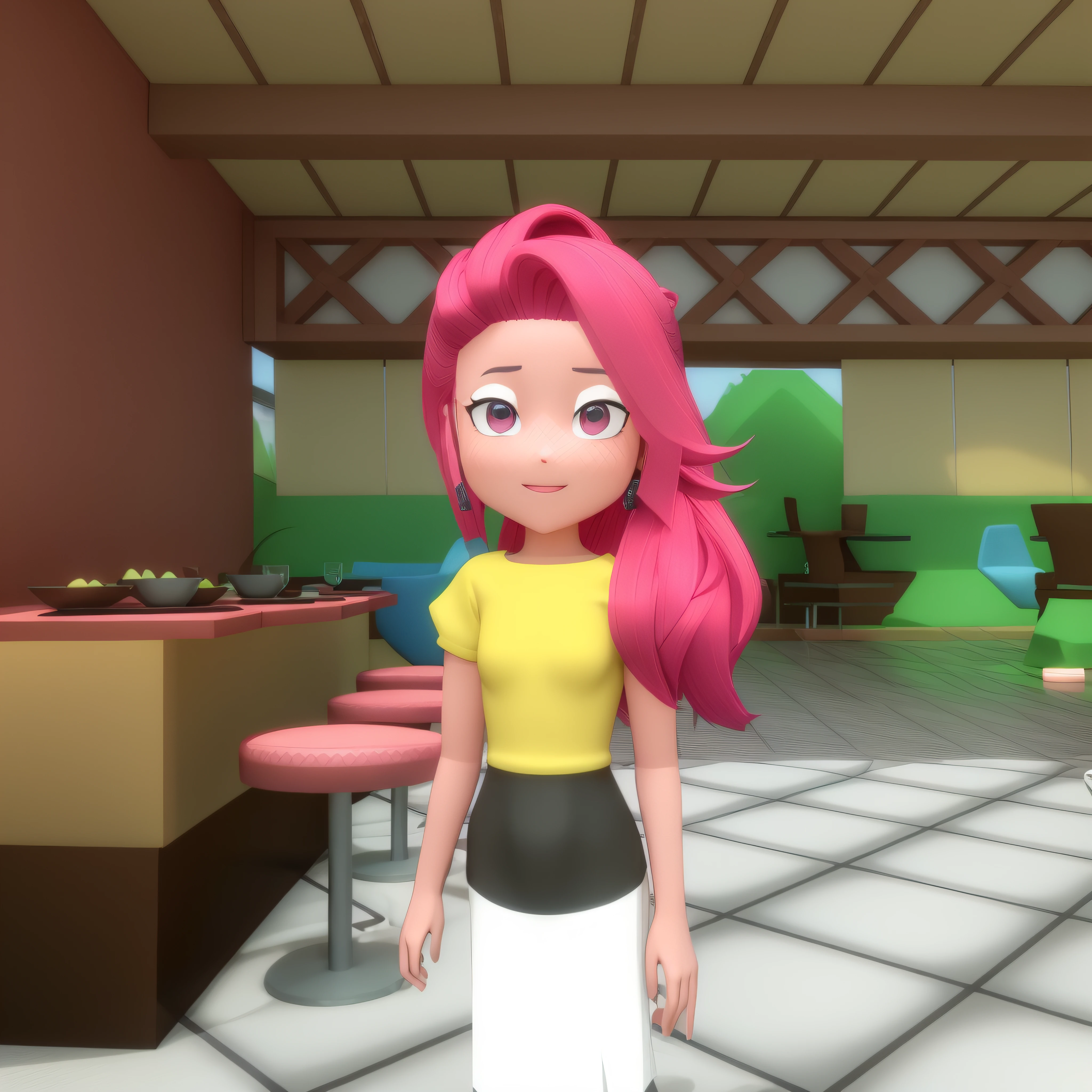 Cartoon girl with pink hair standing in a restaurant with a table, Caractere estilizado, anime estilizado, stylized as a 3d rendering, standing in a restaurant, avatar da parte superior do corpo, Captura de tela do jogo Life Simulator, Personagem 3D, Personagem 3D, Mostrar sombreador, 3 d render stylized, Pose casual, sombreamento estilizado, 3D estilizado