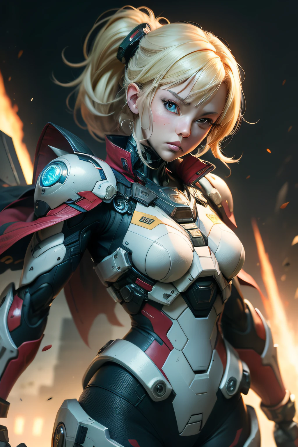 (masterpiece), best quality, expressive eyes, perfect face, (masterpiece, top quality, best quality), woman in a futuristic suit posing for a picture, female ninja, cyber japan style armor, cg artist, beautiful female, Kunoichi, game, honkai impact, cool action pose, super robot, frame arms girl, swords, blonde
