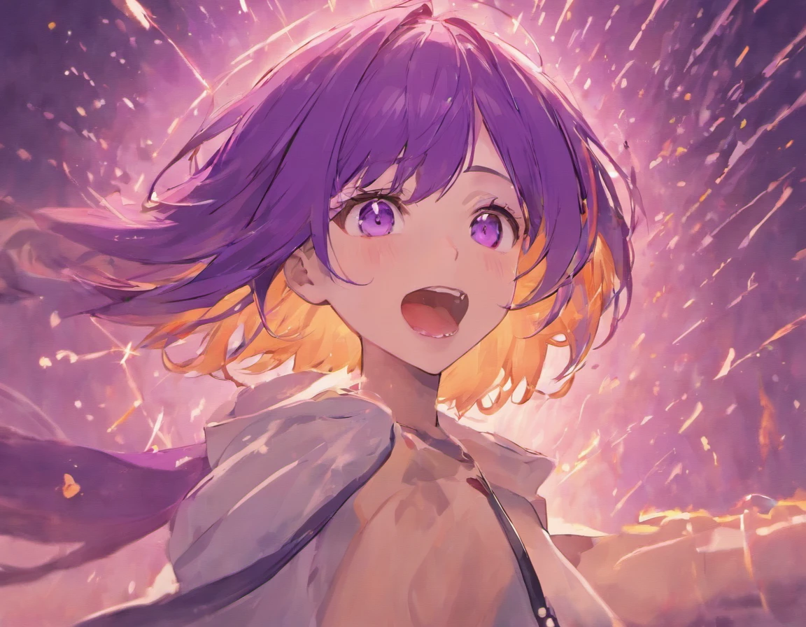 raiden shougn, Purple hair, Closed eyes, A girl was laughing, Open mouth, With an orange background, Portrait