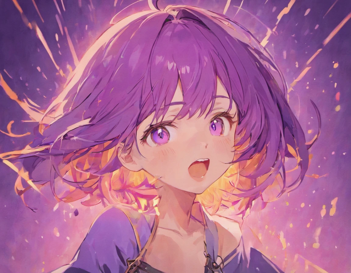 raiden shougn, Purple hair, Closed eyes, A girl was laughing, Open mouth, With an orange background, Portrait