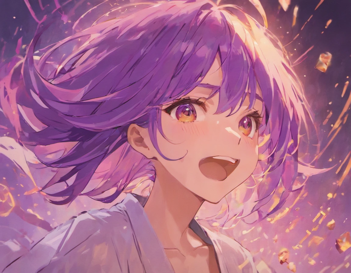 raiden shougn, Purple hair, Closed eyes, A girl was laughing, Open mouth, With an orange background, Portrait