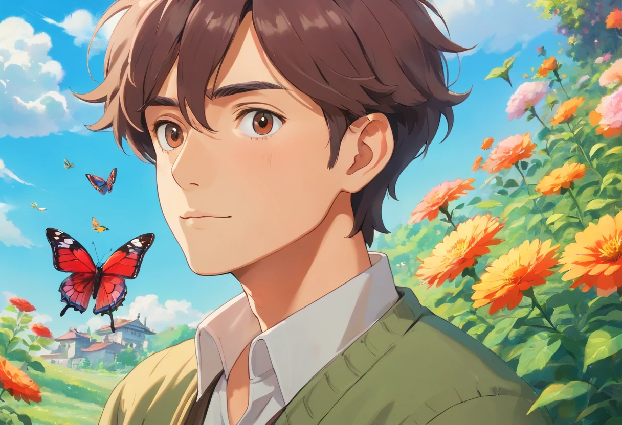 (best quality,ultra-detailed,photo-realistic:1.37), vibrant colors, outdoors, sunny day, standing confidently in a flower garden with lush green grass and blooming flowers, surrounded by butterflies and bees, holding a red rose in his hand. The scene is rendered in a digital painting style, with brush strokes visible and depth of field effect. The lighting is soft and natural, casting gentle shadows on the man's face and highlighting his features. This artwork captures the essence of masculinity and allure, showcasing the man's charm and charisma in a captivating and artistic manner.