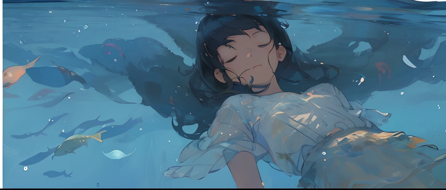 Anime girl floating in water，Fish around, conrad roset and makoto shinkai, floating drowned, float in the water, Guviz-style artwork, Makoto Shinkai Cyril Rolando, floating under water, submerged in water, Guviz, inspired by Ross Tran, ross tran. scenery background, author：yanjun cheng