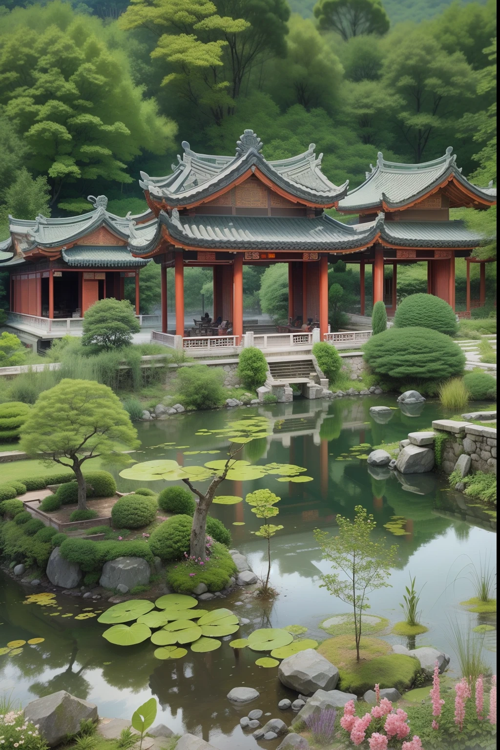 Ancient Chinese architecture,Hetang Lake Garden,High brightness,High saturation