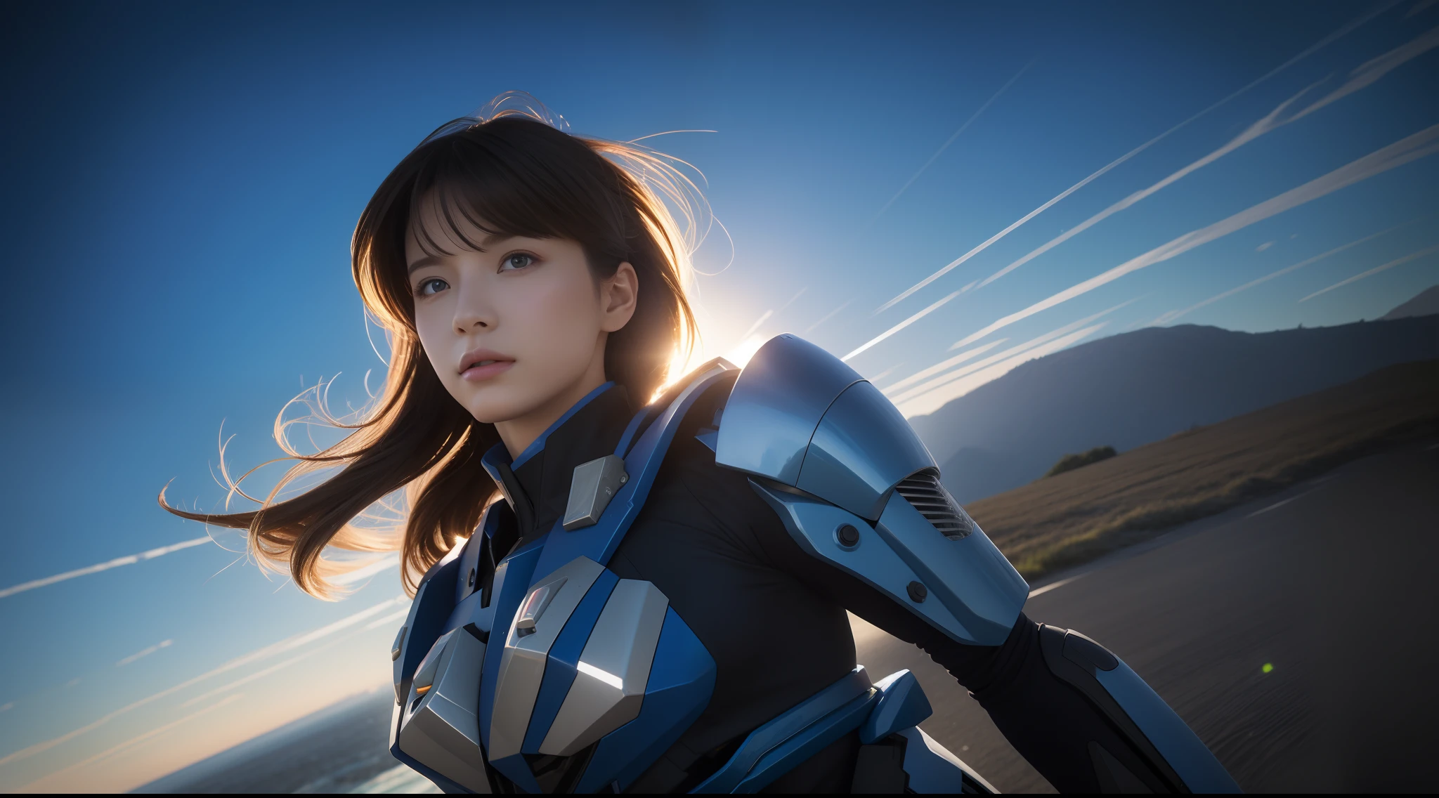 From the movie New Century Evangelion，blue theme，Best quality,Masterpiece,Realistic,professional,Vivid colors,Ultra-fine painting,Portrait,anime big breast,Photogram,number art,Fantasyart,3d graphic,Cinematic_lighting,Strong_rim_Light,rim-light,Ambient_Light,Tyndall effect,moodylighting,Huge_filesize,Real,female pervert,Mecha musume,Cyborg,Tights combat suit,Power armor，Cut clothes，Japanese_Armor,one side up,shmup,remains,rubble_废墟,(Extremely detailed Cg Unity 8K wallpaper),(((Masterpiece))),(((Best quality))),((Ultra-detailed)),(Best Illustration),((An extremely delicate and beautiful)),Dynamic Angle,Wind,classic,Spring,(Detailed light),(Sunlight),Beautiful and delicate water,(Painting),(Sketch),(full bloom),(Shine),