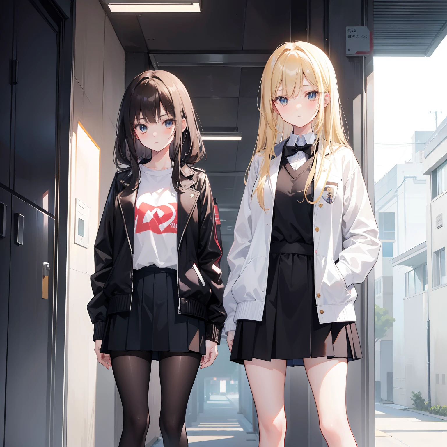 Create an image of two cute anime characters, Yori and Aina, standing in a college hallway. Yori is a beautiful black-haired girl with a lot of attitude. She is stylish and extroverted, and she is wearing a leather jacket, a white college shirt, a dark brown tie, and sneakers. She has a comfortable expression on her face. Aina is a beautiful blonde-haired girl who is shy and introverted. She is wearing a white college shirt, a dark brown college coat, a dark brown tie, and sneakers. She has an uncomfortable expression on her face. The two girls are standing with their faces in opposite directions.