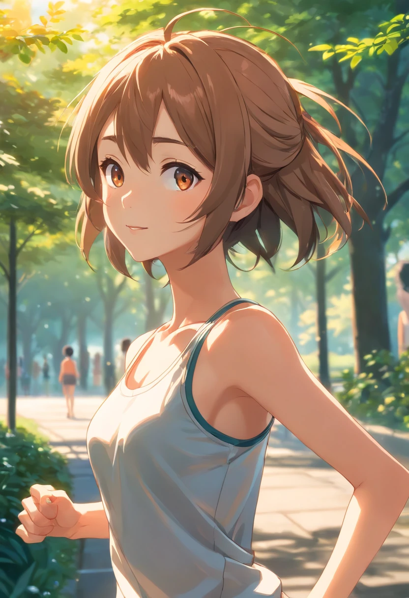 (Side shot of a girl running in the park,(With a delicate textured pattern、Classic sports bra and leggings with orange lines.:1.3).Glossy light brown and orange striped shorthair,disheveled ponytail,Lovely woman,Perfect round face,A cheerful smile that makes the viewer happy,Proper body proportion,masutepiece,Super high-quality output images,hight resolution,Intricate details,Very delicate and beautiful hair,photographrealistic,Dreamy,Professional Lighting,realistic shadow,Solo Focus,Beautiful hands,Beautiful fingers,Detailed finger features,detailed clothes features,Detailed hair features,detailed facial features,