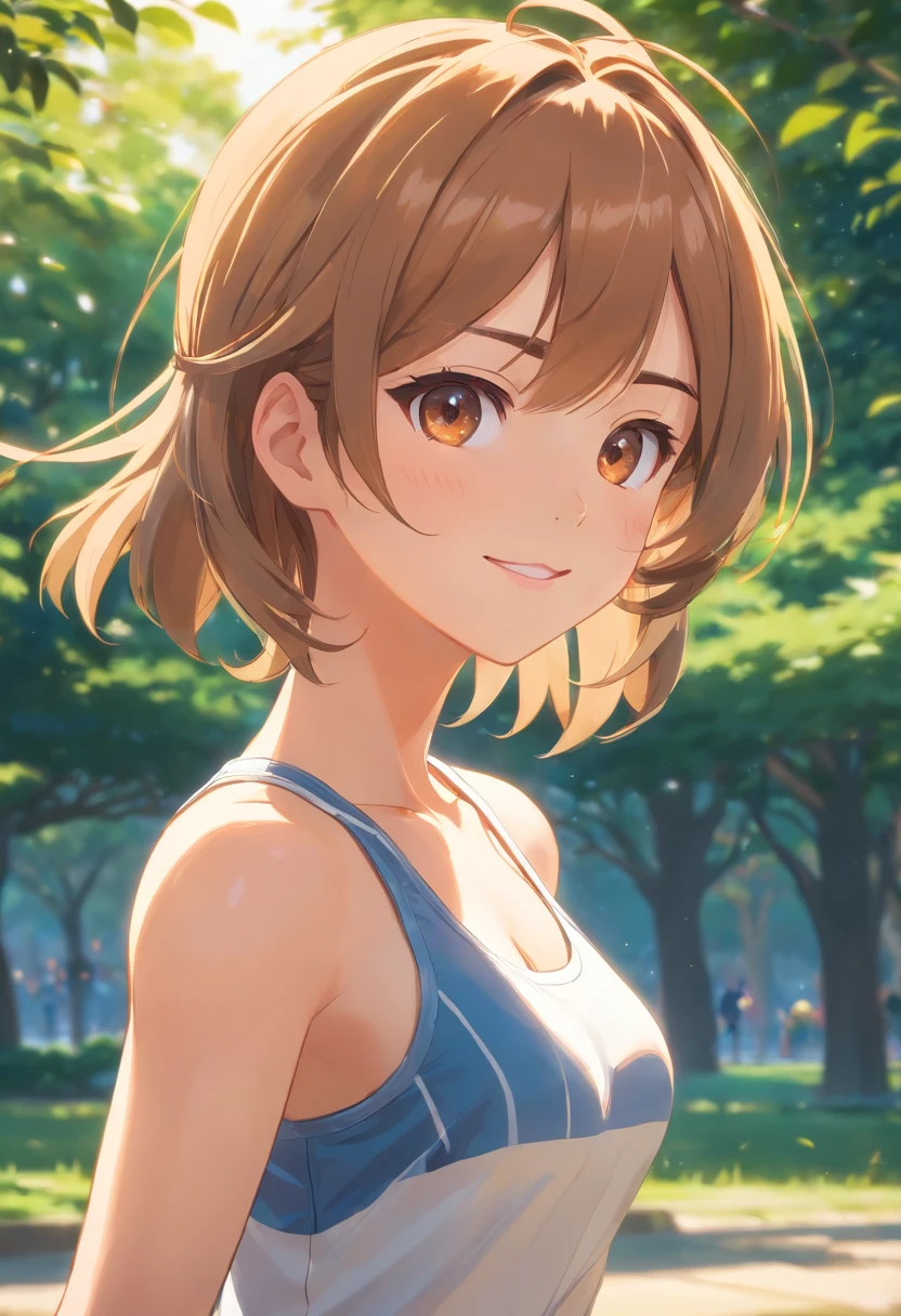 (Side shot of a girl running in the park,(With a delicate textured pattern、Classic sports bra and leggings with orange lines.:1.3).Glossy light brown and orange striped shorthair,disheveled ponytail,Lovely woman,Perfect round face,A cheerful smile that makes the viewer happy,Proper body proportion,masutepiece,Super high-quality output images,hight resolution,Intricate details,Very delicate and beautiful hair,photographrealistic,Dreamy,Professional Lighting,realistic shadow,Solo Focus,Beautiful hands,Beautiful fingers,Detailed finger features,detailed clothes features,Detailed hair features,detailed facial features,