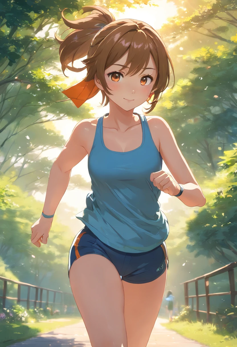 (Side shot of a girl running in the park,(With a delicate textured pattern、Classic sports bra and leggings with orange lines.:1.3).Glossy light brown and orange striped shorthair,disheveled ponytail,Lovely woman,Perfect round face,A cheerful smile that makes the viewer happy,Proper body proportion,masutepiece,Super high-quality output images,hight resolution,Intricate details,Very delicate and beautiful hair,photographrealistic,Dreamy,Professional Lighting,realistic shadow,Solo Focus,Beautiful hands,Beautiful fingers,Detailed finger features,detailed clothes features,Detailed hair features,detailed facial features,