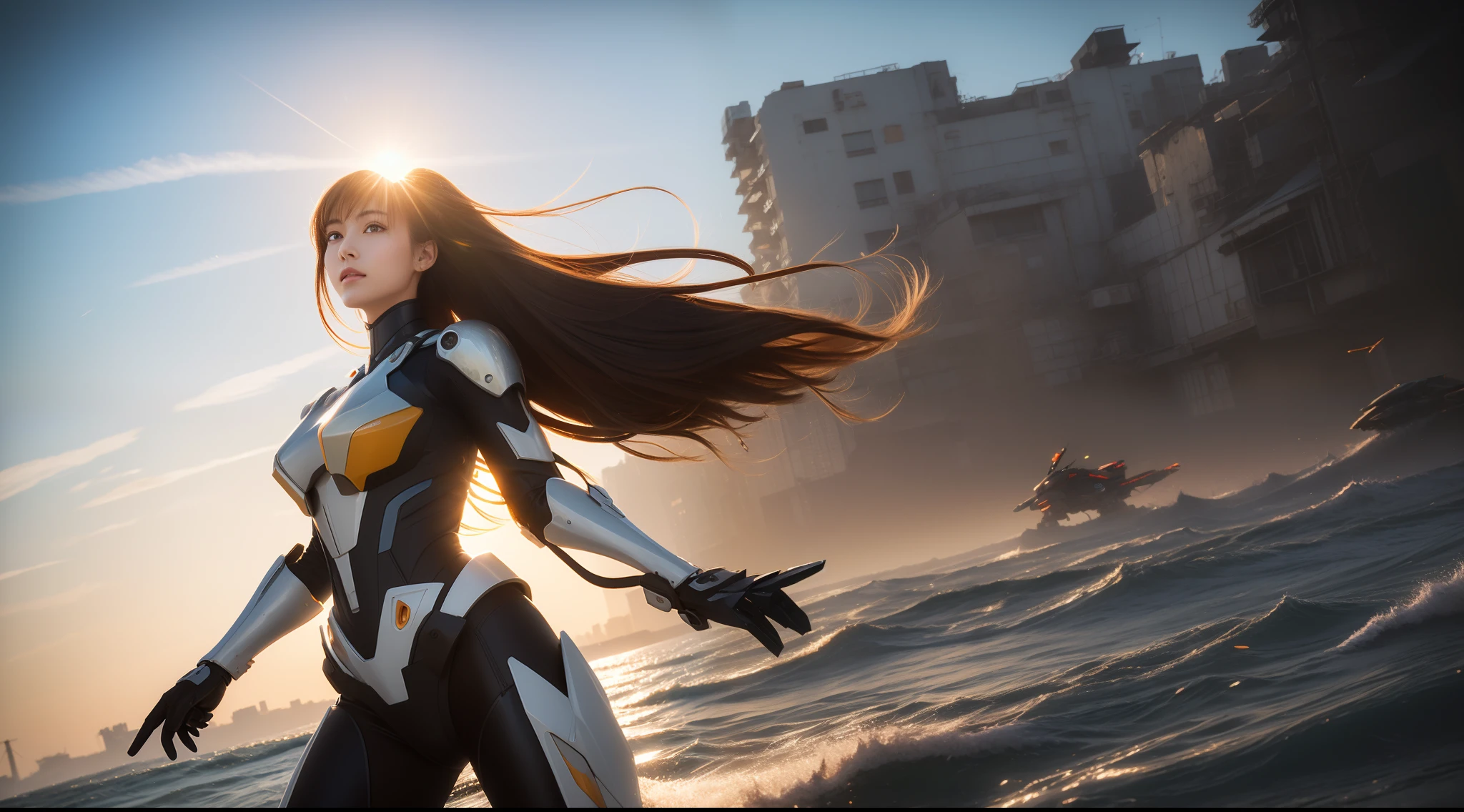 From the movie New Century Evangelion，orange theme，Best quality,Masterpiece,Realistic,professional,Vivid colors,Ultra-fine painting,Portrait,anime big breast,Photogram,number art,Fantasyart,3d graphic,Cinematic_lighting,Strong_rim_Light,rim-light,Ambient_Light,Tyndall effect,moodylighting,Huge_filesize,Real,female pervert,Mecha musume,Cyborg,Tights combat suit,Power armor，Cut clothes，Japanese_Armor,one side up,shmup,remains,rubble_废墟,(Extremely detailed Cg Unity 8K wallpaper),(((Masterpiece))),(((Best quality))),((Ultra-detailed)),(Best Illustration),((An extremely delicate and beautiful)),Dynamic Angle,Wind,classic,Spring,(Detailed light),(Sunlight),Beautiful and delicate water,(Painting),(Sketch),(full bloom),(Shine),