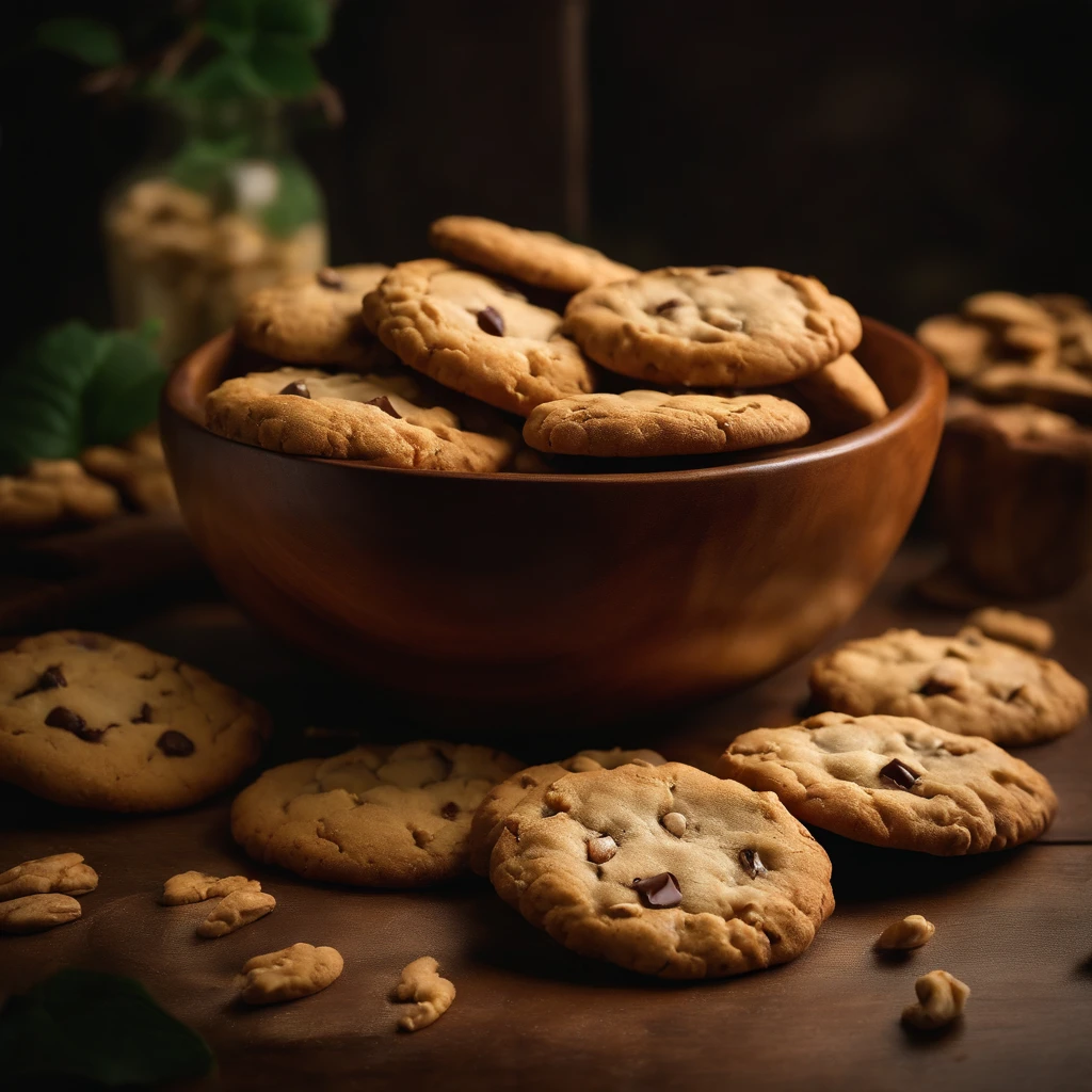 A wooden bowl filled with delicious cookies on the table, Still life by Jean-Pierre Noblin de la Gourdan, featured on cg society, artsy photography, photo taken with ektachrome, Photo taken with Nikon D750, macro photography