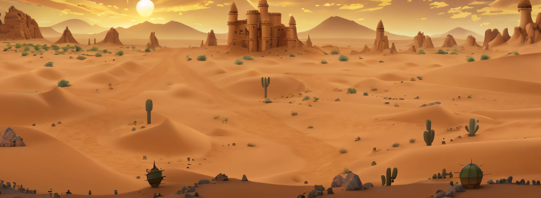 A desert with castles and a desert with cactus trees, arte de fundo, sand and desert environment, Desert environment, desert wasteland, background artwork, Desert background, steampunk desert background, Mobile game background, martian sands background, Alien desert, Desert Temple, Sand desert fantasy, game background, desert game, rocky desert, somewhere in sands of the desert, Dark desert background