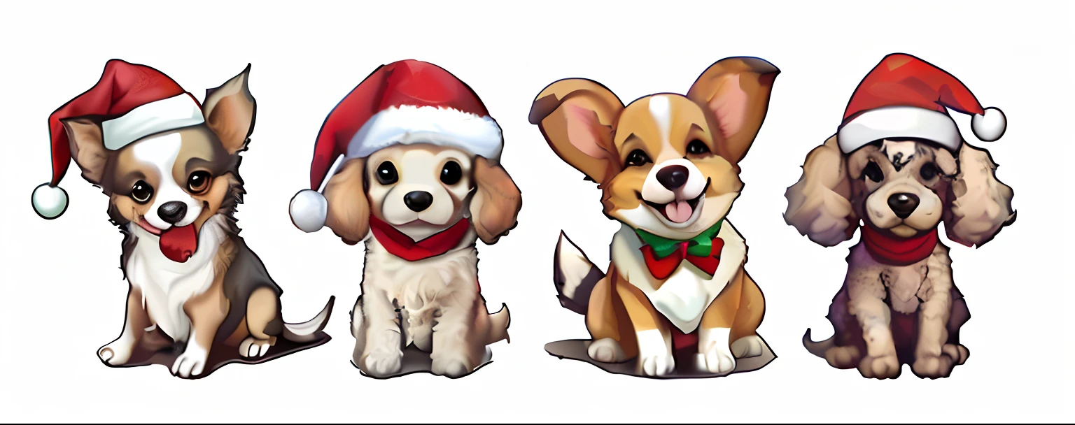 Three dogs wearing Christmas hats and scarves sit side by side, cute artwork, Dogs, cute detailed artwork, pet animal, author:Master of Han Chinese, youtube thumbnail, Cute detailed digital art, fursona art, Isometric 3d fantasy cute dog, adorable digital art, lovely digital painting, telegraph stickers, Cartoon Art Style, Two dogs, Puppies, Awesome