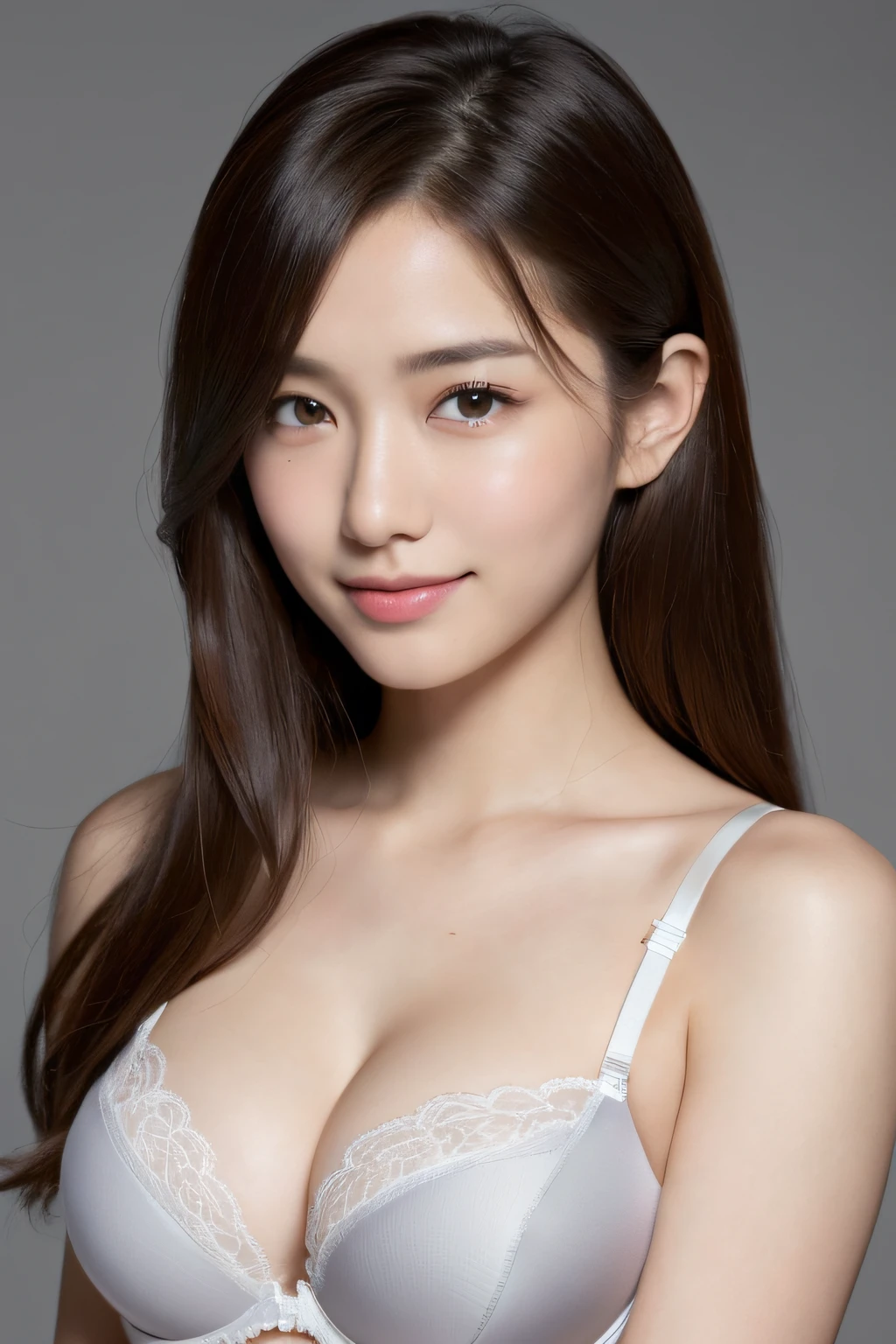 ((Bra White: 1.5)), photogravure sexy pose, Clear focus: 1.2, (Masterpiece:1.3), (8K, Photorealistic, Raw photography, Best Quality:1.4), (1girl), Beautiful face, Realistic face, (Detailed face), Beautiful hairstyle, (Detailed hair), Realistic eyes, (Detailed eyes), Beautiful details, Realistic skin, (Detailed skin), Beautiful skin, Attractive, Ultra high definition, A hyper-realistic, Very detailed, (big breasts:0.5), Japanese beauty, (slim figure), gentle, brown hair, (super model figure), cute young Japanese girl, pretty young Japanese girl, (simple gray background), Big breasts :1.2, Enhanced cleavage, bashful, wide shot, (full body), ((Bra White: 1.5)), ((Bra White: 1.5)), ((Bra White: 1.5)), smile