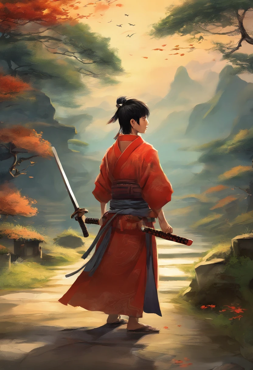 A young boy dressed as a samurai with a katana..., Walk in a mysterious village, sharp, lifelike, Sky before rain, breeze, aristocratic samurai, There are people walking in the village.., Full-body photos, Edo period,