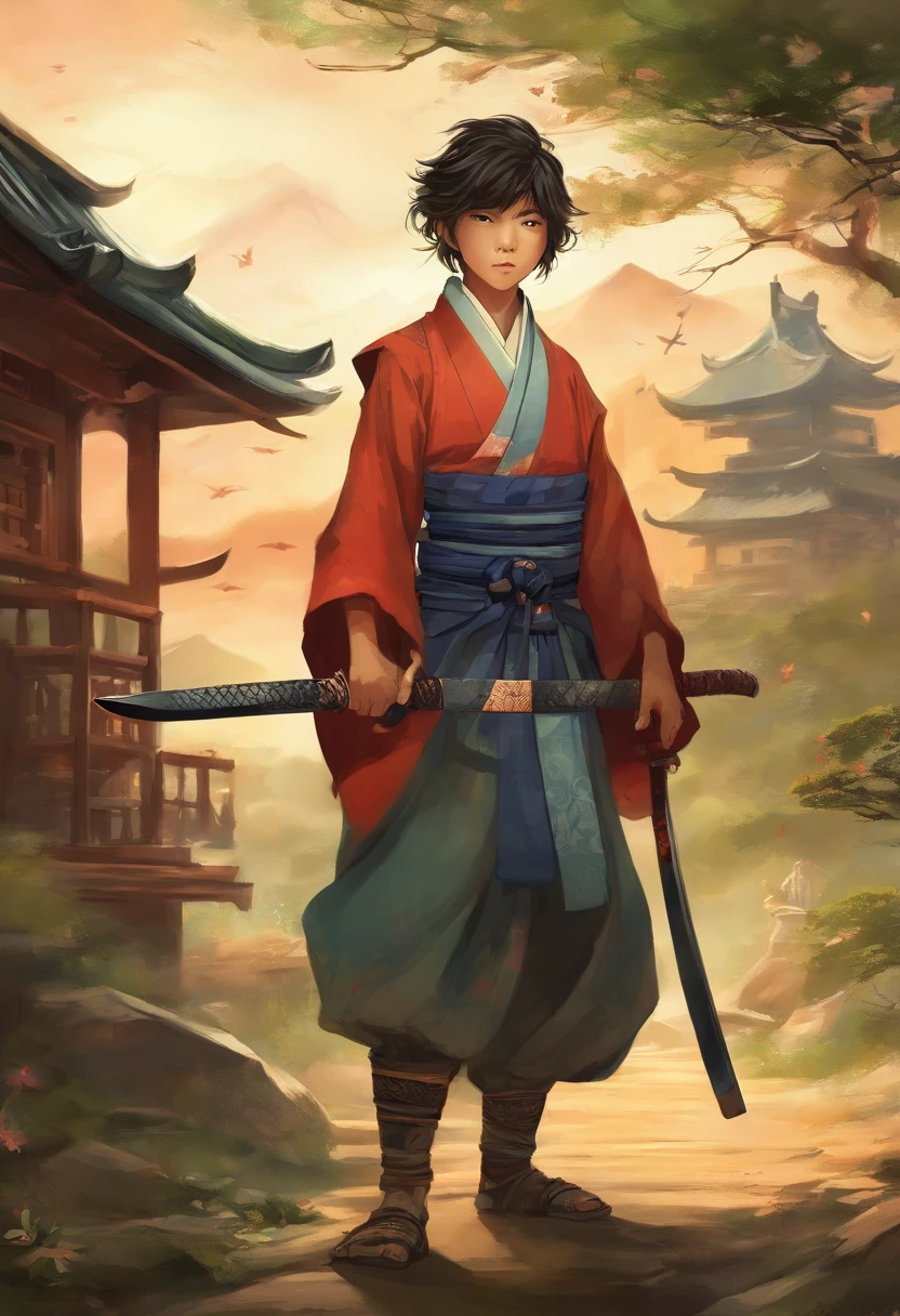 A young boy dressed as a samurai with a katana..., Walk in a mysterious village, sharp, lifelike, Sky before rain, breeze, aristocratic samurai, There are people walking in the village.., Full-body photos, Edo period,