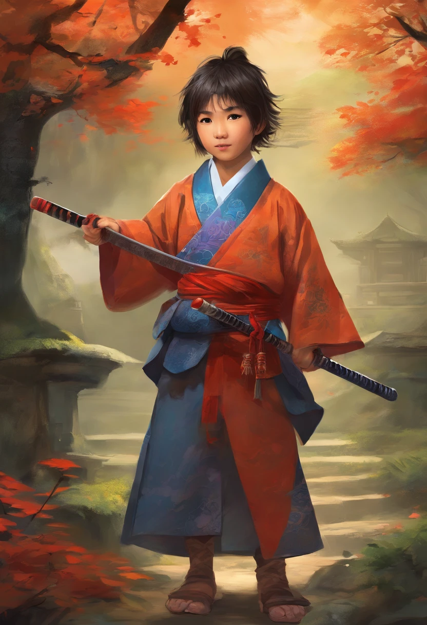 A young boy dressed as a samurai with a katana..., Walk in a mysterious village, sharp, lifelike, Sky before rain, breeze, aristocratic samurai, There are people walking in the village.., Full-body photos, Edo period,