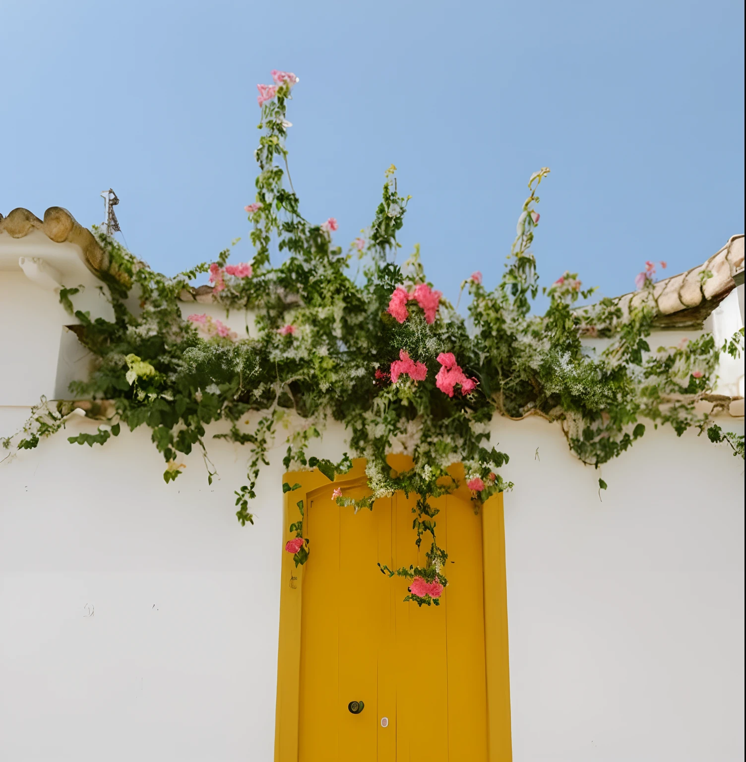 Yellow door，The white walls have pink flowers and blue sky, flowering vines, flowers and vines, vines and flowers, vine and plants and flowers, bougainvillea, connected to nature via vines, whitewashed buildings, portal made of roses, kodak portra, Two 5 mm ports, Overgrown with flowers, Beautiful composition, vines on the walls