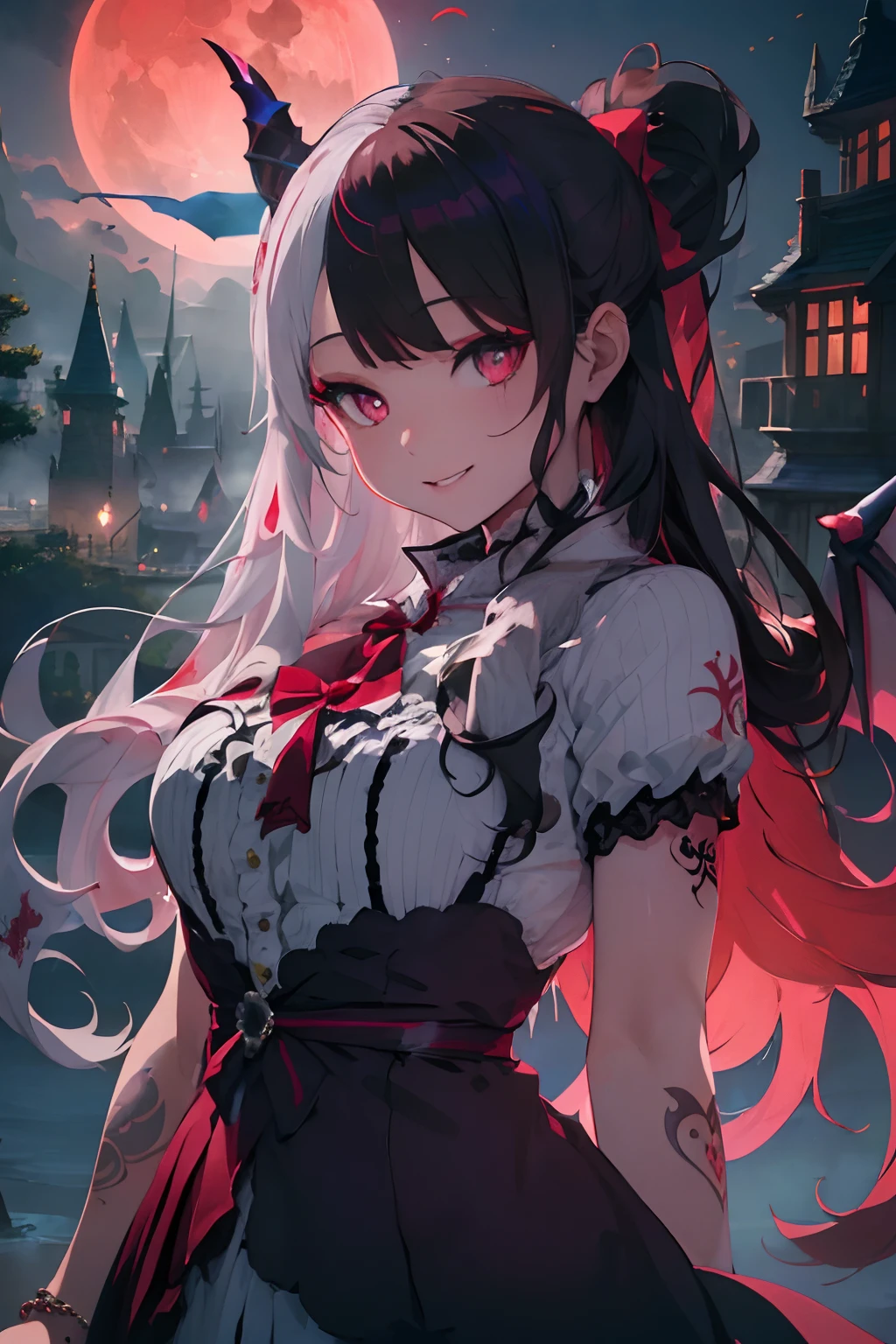 (masterwork:1.2、top-quality)、(The best lighting、extremely delicate and beautiful)、(The best lighting、extremely delicate and beautiful)、(beautifull detailed face)、(Detailed eyes and detailed face:1.2)、Dark Fantasy, (younggirl, Little beast, 1girl, 独奏, Crazy smile, pale skin,D-cups, ((Big tattoos with all over the body))white  hair, eyes glowing red, Dynamic Angle, Vampires), (Get a vampire castle in the background), (Red Moon, Red sky), pointy_ears, tusk、Demon Wings、Demon Horns、Blood on the face、Blood Rain、Blood fog、（depth of fields）、highcontrast、（blood splashing：1.4）、cowboy  shot、full bodyesbian、
