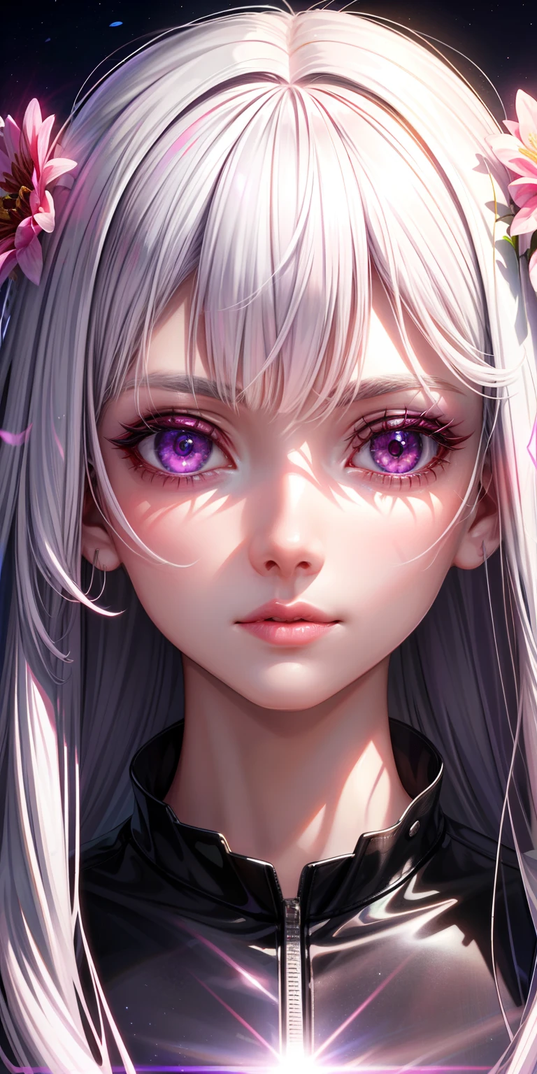 realisticlying,1girl,White hair,Purple eye,glowing light eyes,Transparent top,in pink,parted lip,Be red in the face,the night,fresh flowers,suns,rays of sunshine,