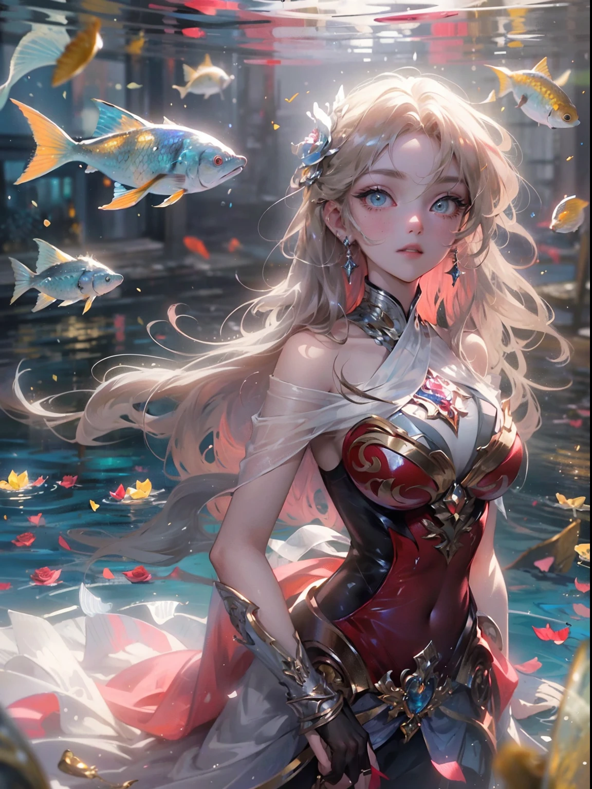 (((Masterpiece))), (((Best quality))), ((Ultra-detailed)),(Highly detailed CG illustration), ((An extremely delicate and beautiful)),Cinematic light, Create stunning fantasy artwork,Complicated details,Mermaid princess、blueneyes(Eyes detailed),long hair with maroon,Fish tail,The scales glow,baroque,rose petals,the sea,cinematic rim light,The light is delicate,tmasterpiece,ultra - detailed,Epic composition,Super HD,high qulity,HighestQuali,32k