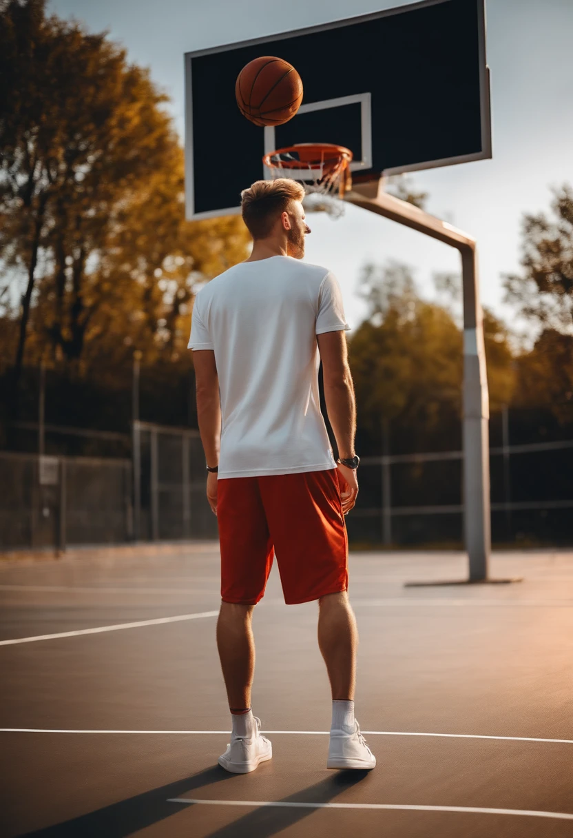 30-years old,male people,Pretty boy,short hairstyle,a blond,Shorts and T-shirt,basketball,Basketball Shoes,White sneakers,Stand inside a street basketball court,back lighting,