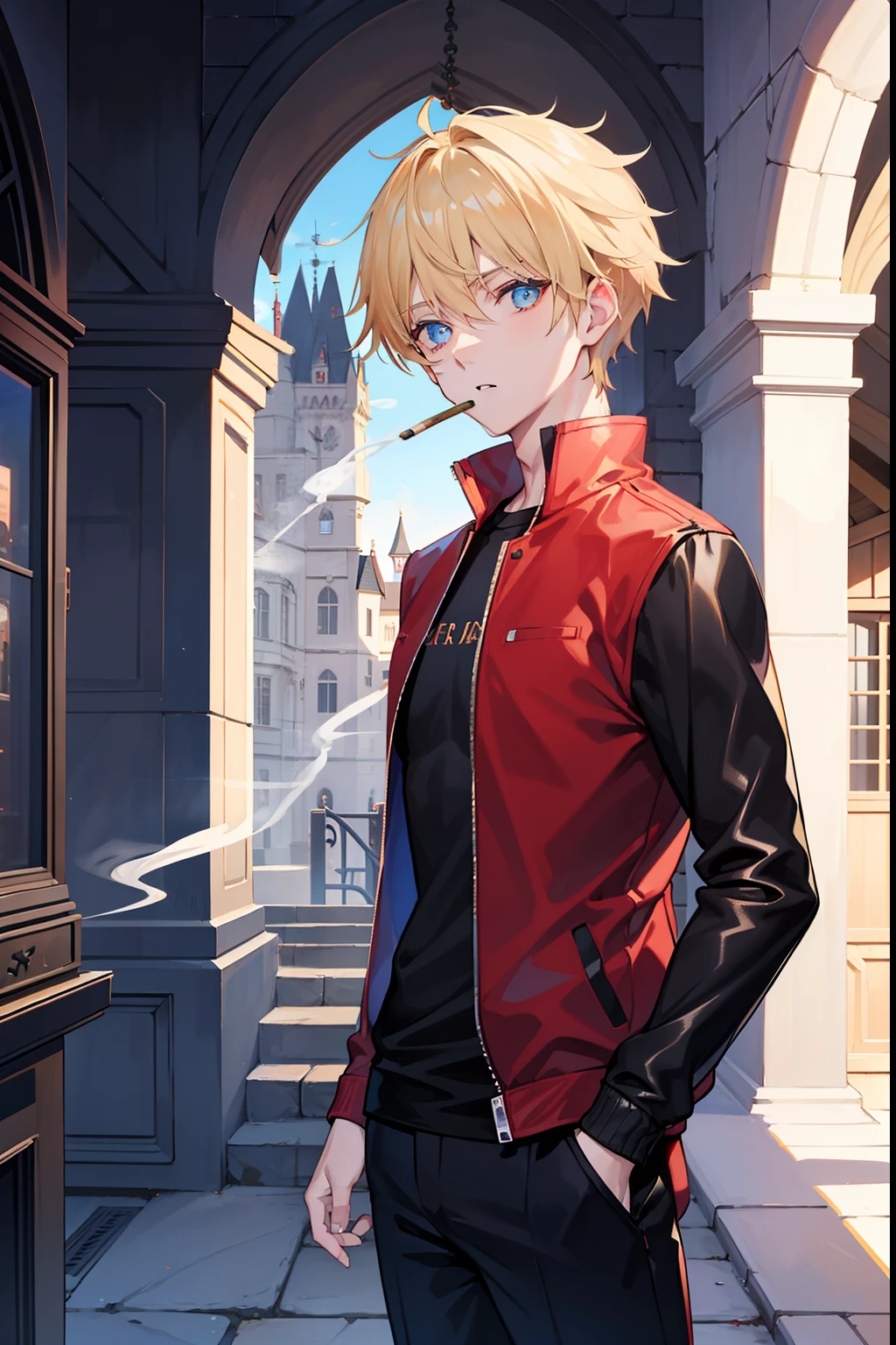 a blond blue eyess twinks male people {{ember}} smoking tobacco Black jacke Red T-shirt JINS Stand in the courtyard of the castle Stand alone