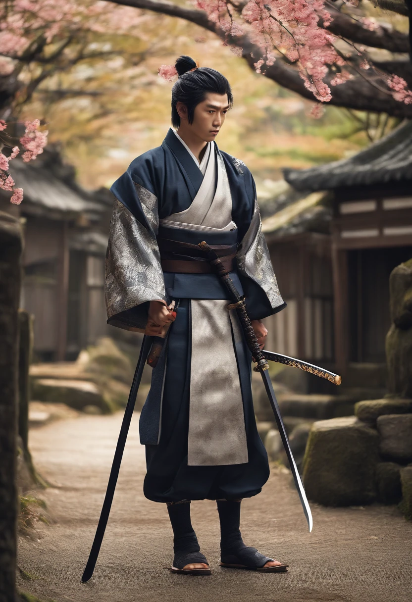 A young boy dressed as a samurai with a katana...., Walk in a mysterious village, sharp, lifelike, Sky before rain, breeze, aristocratic samurai, There are people walking in the village..., Full-body photos, Edo period,