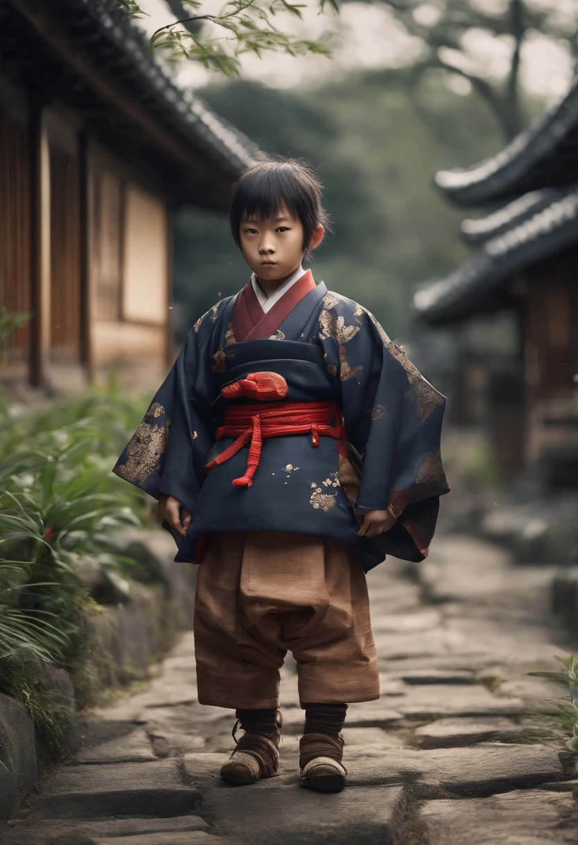 A young boy dressed as a samurai with a katana...., Walk in a mysterious village, sharp, lifelike, Sky before rain, breeze, aristocratic samurai, There are people walking in the village..., Full-body photos, Edo period,