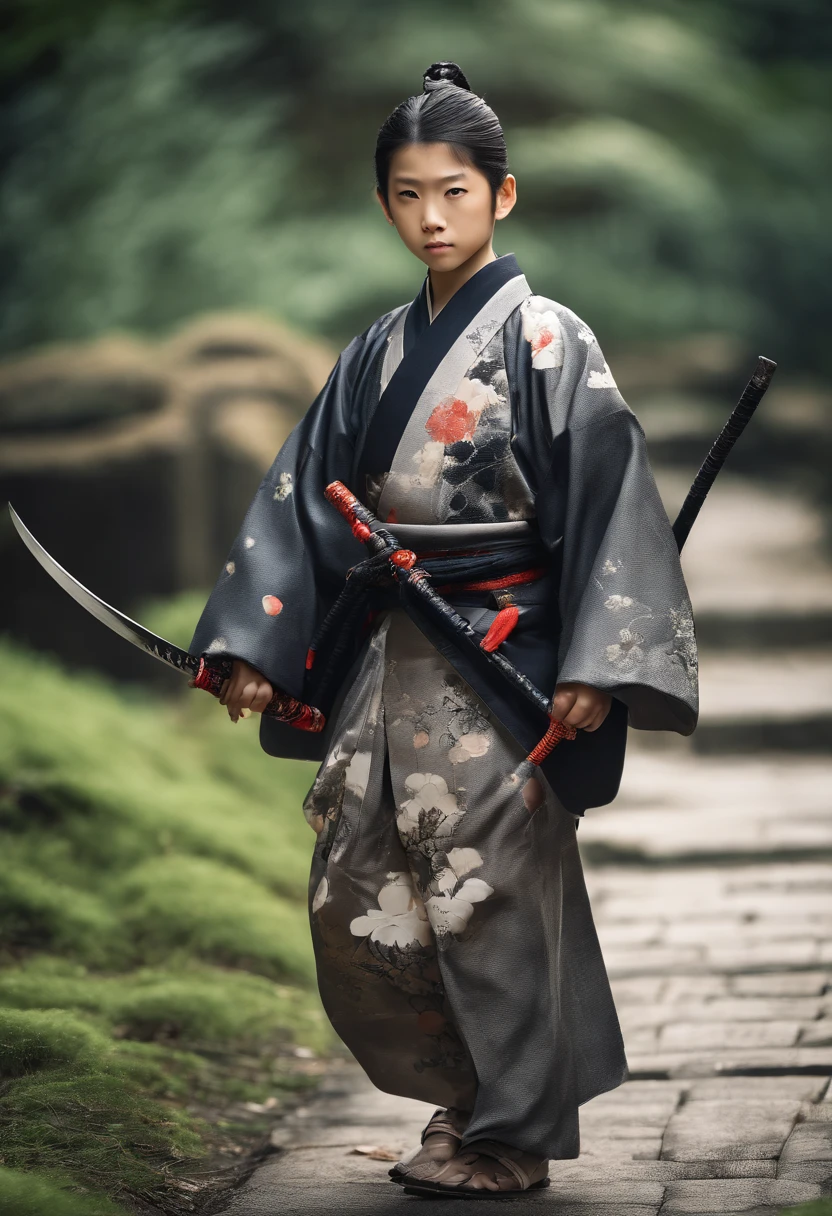 A young boy dressed as a samurai with a katana...., Walk in a mysterious village, sharp, lifelike, Sky before rain, breeze, aristocratic samurai, There are people walking in the village..., Full-body photos, Edo period,